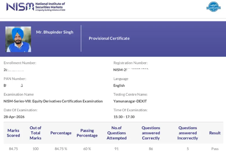 Bhupinder Singh NISM Exams Testimonial